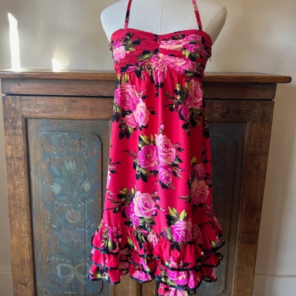 Y2K Vintage Betsey Johnson Roses Silk Roses Babydoll Mini Ruffled Dress
